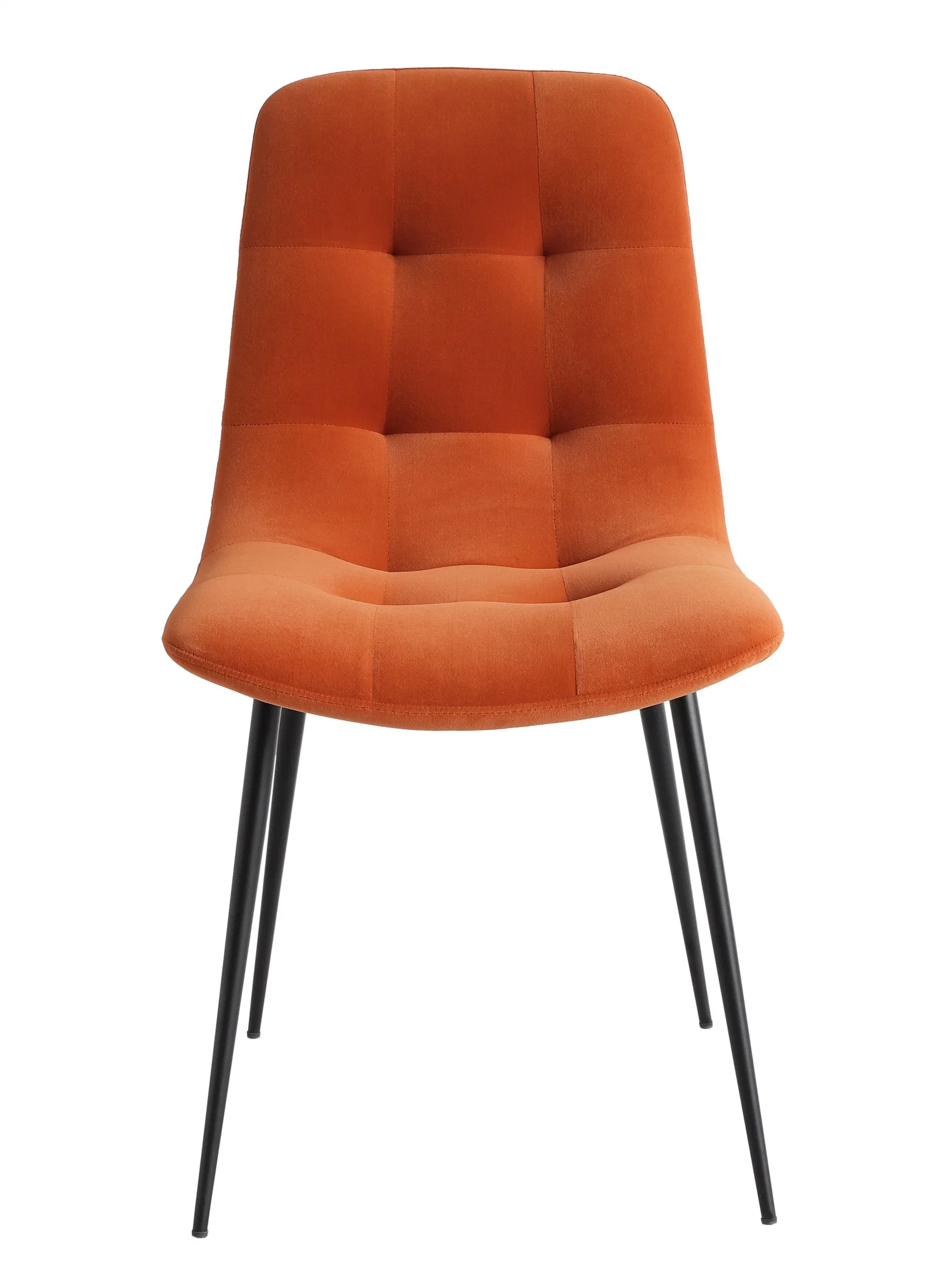 Chaise de salle à manger en tissu velours orange en gros avec pieds en métal.