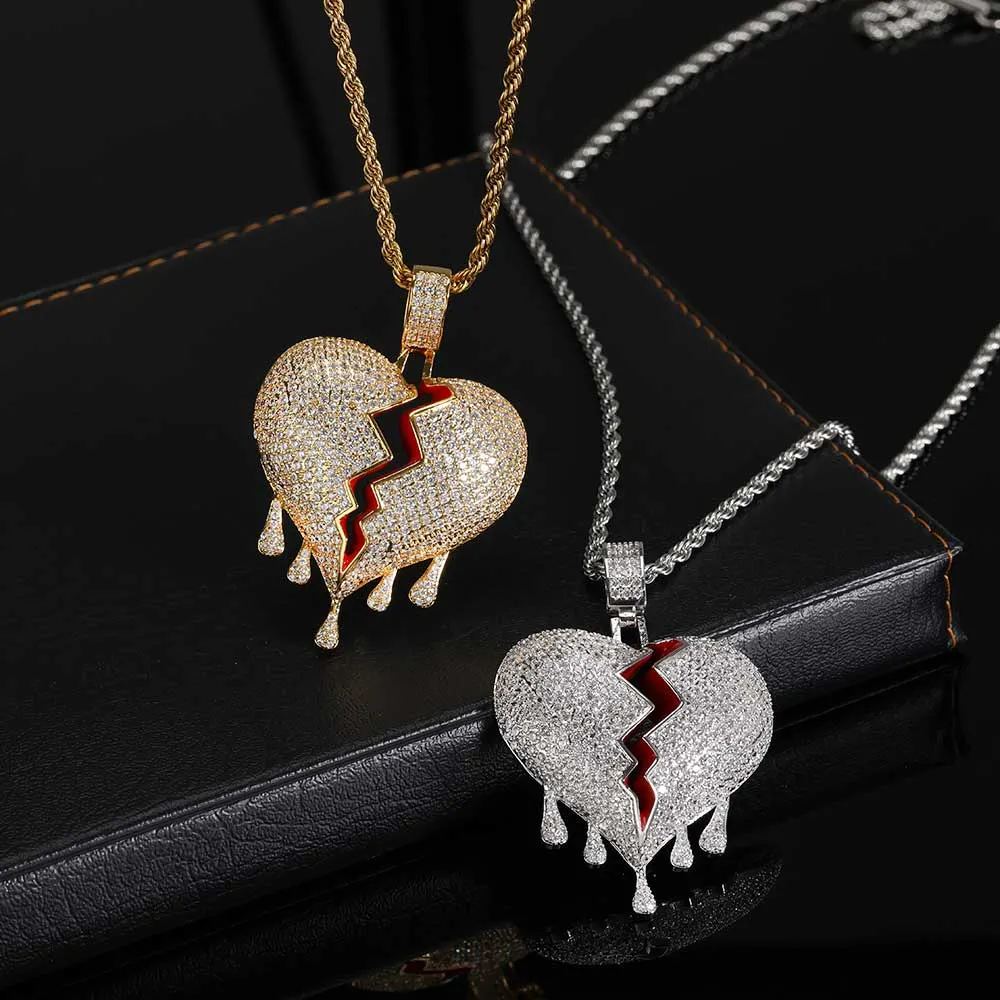 Nouvelles de hip hop européens et américains de zircon Water drop Heartbreak exploitable Pendentif coeur bijoux Brokeheart cassé