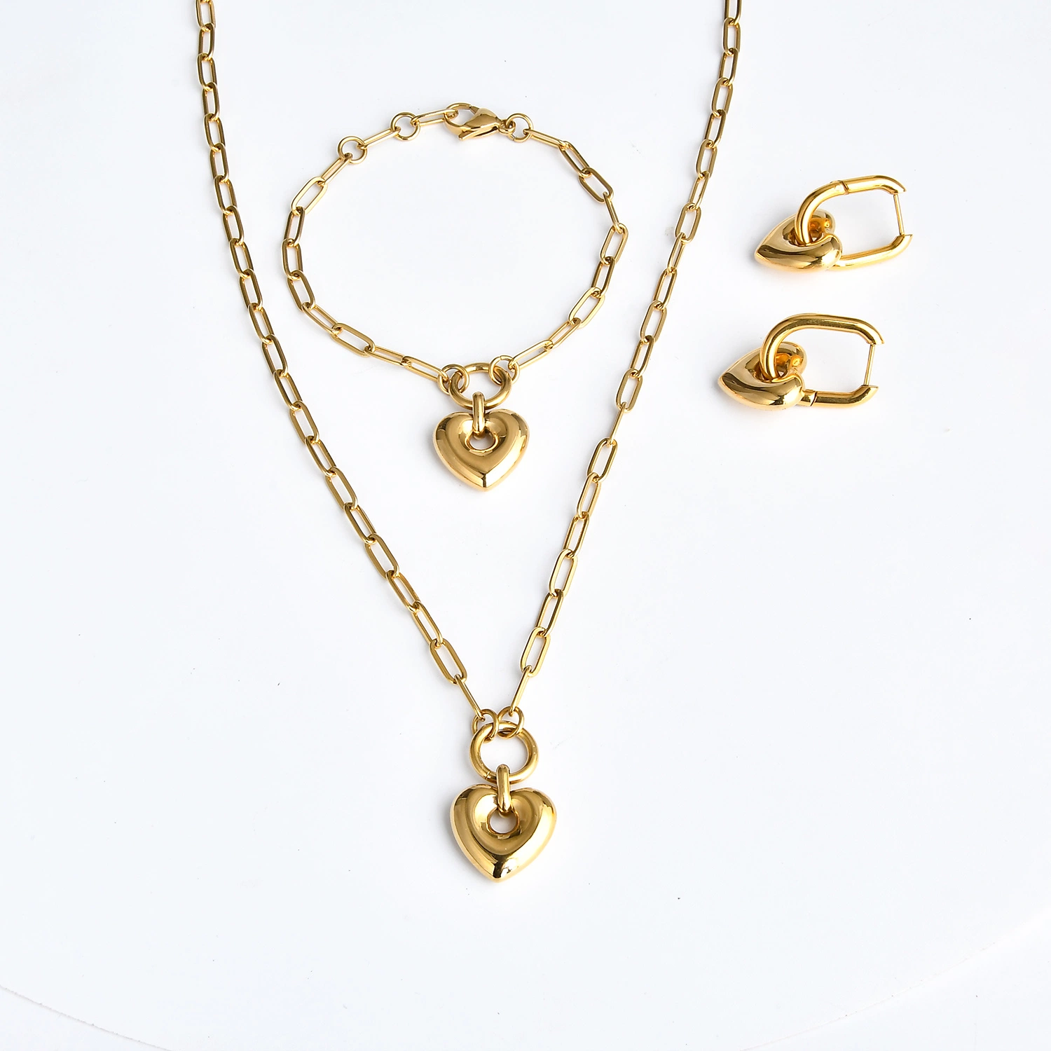 18K Real Gold Plated Stainless Steel Heart Pendant Valentines' Jewelry Set as Gift for Her