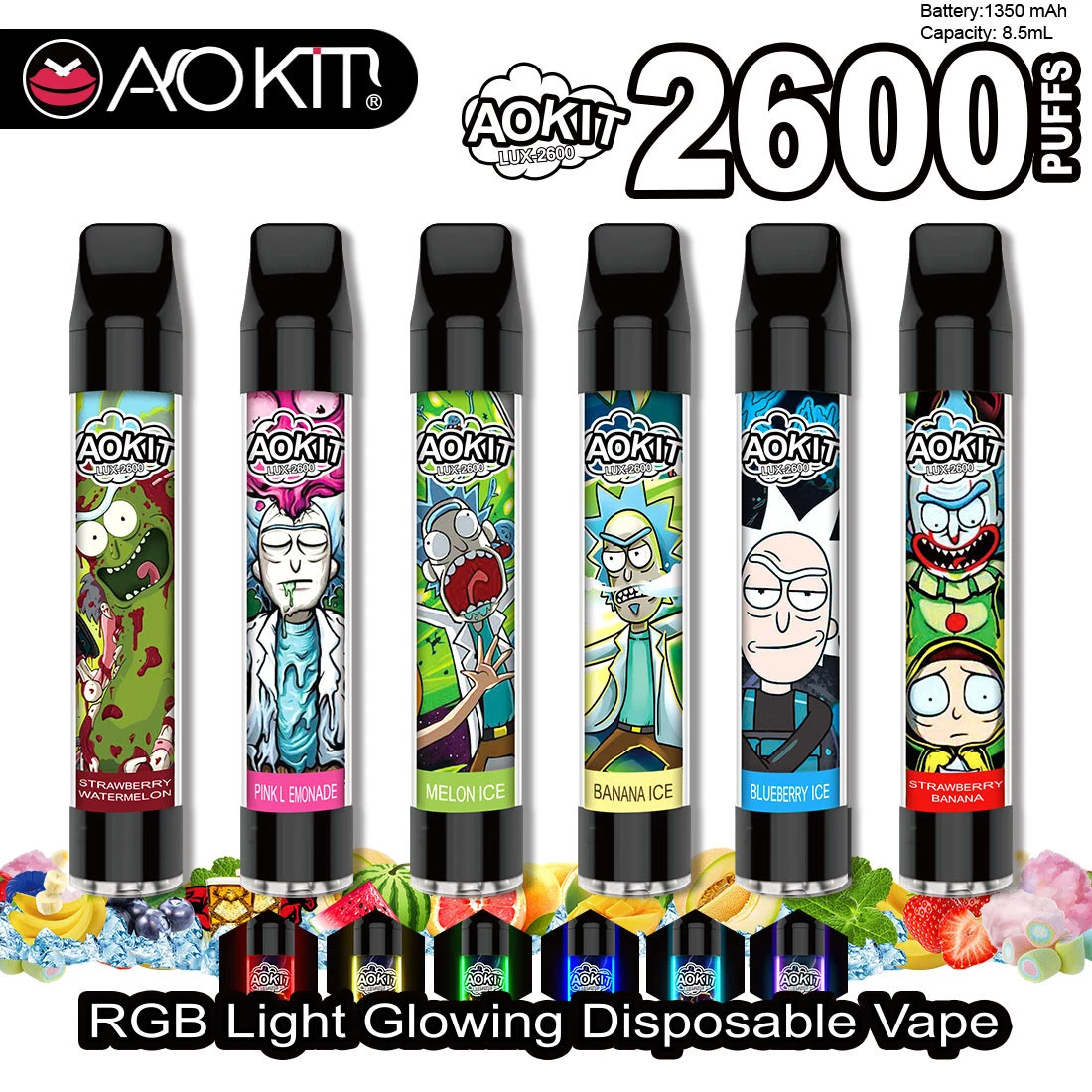 Classic Comic Style 2% Nic Zero 2600puffs Electronic Cigarette RGB Light Disapable Vape Puffs Vape Pen