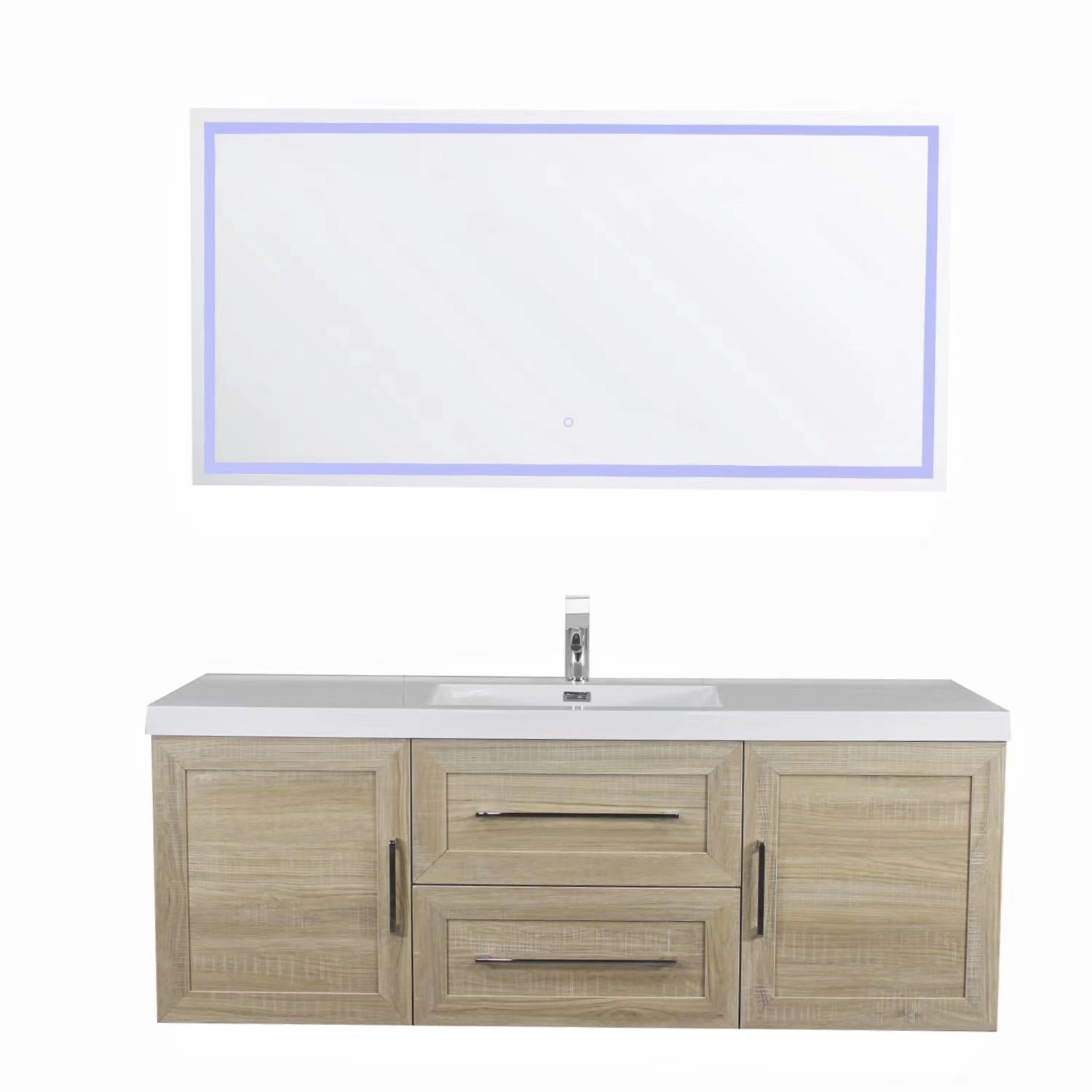 60 polegadas banheiro moderno Branco High Gloss Painting parede contraplacado Armário de móveis com unidade de toucador montada com espelho LED