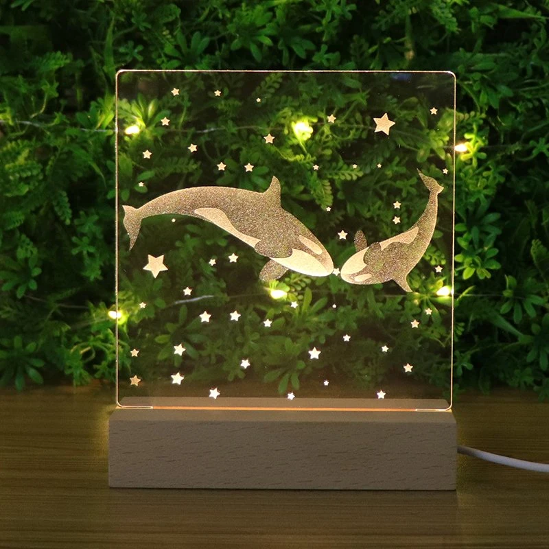 Comercio al por mayor iluminación en 3D de acrílico de delfines Noche de Luz LED madera tabla de base de la lámpara de escritorio de regalo para niños