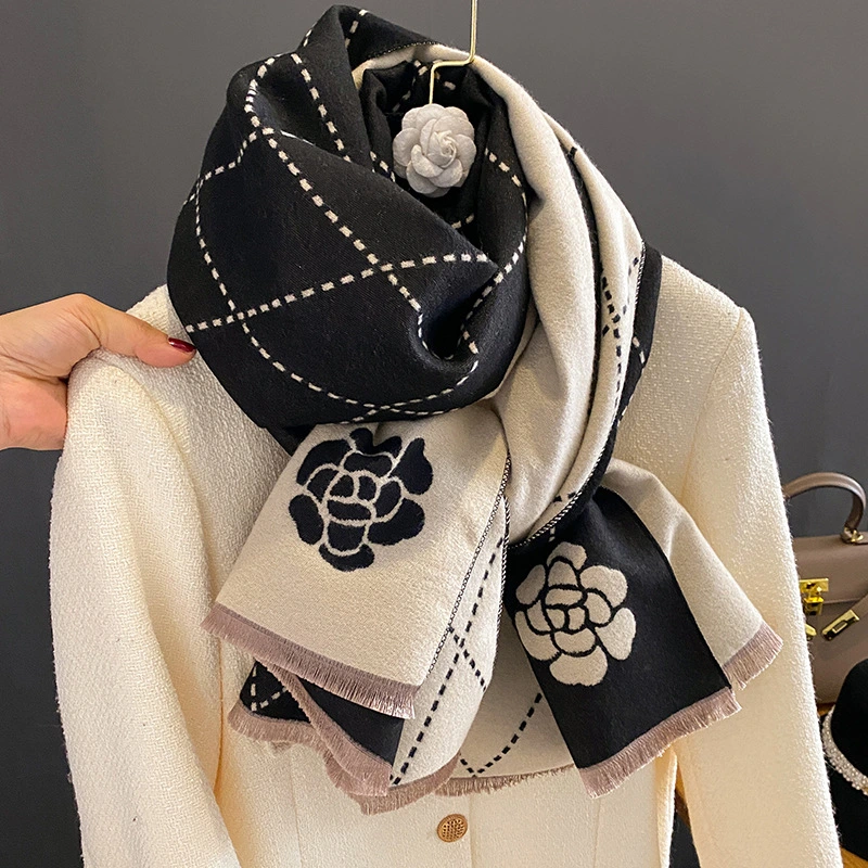 Geometric Camellia Jacquard Scarf Rose Pashmina Scarf