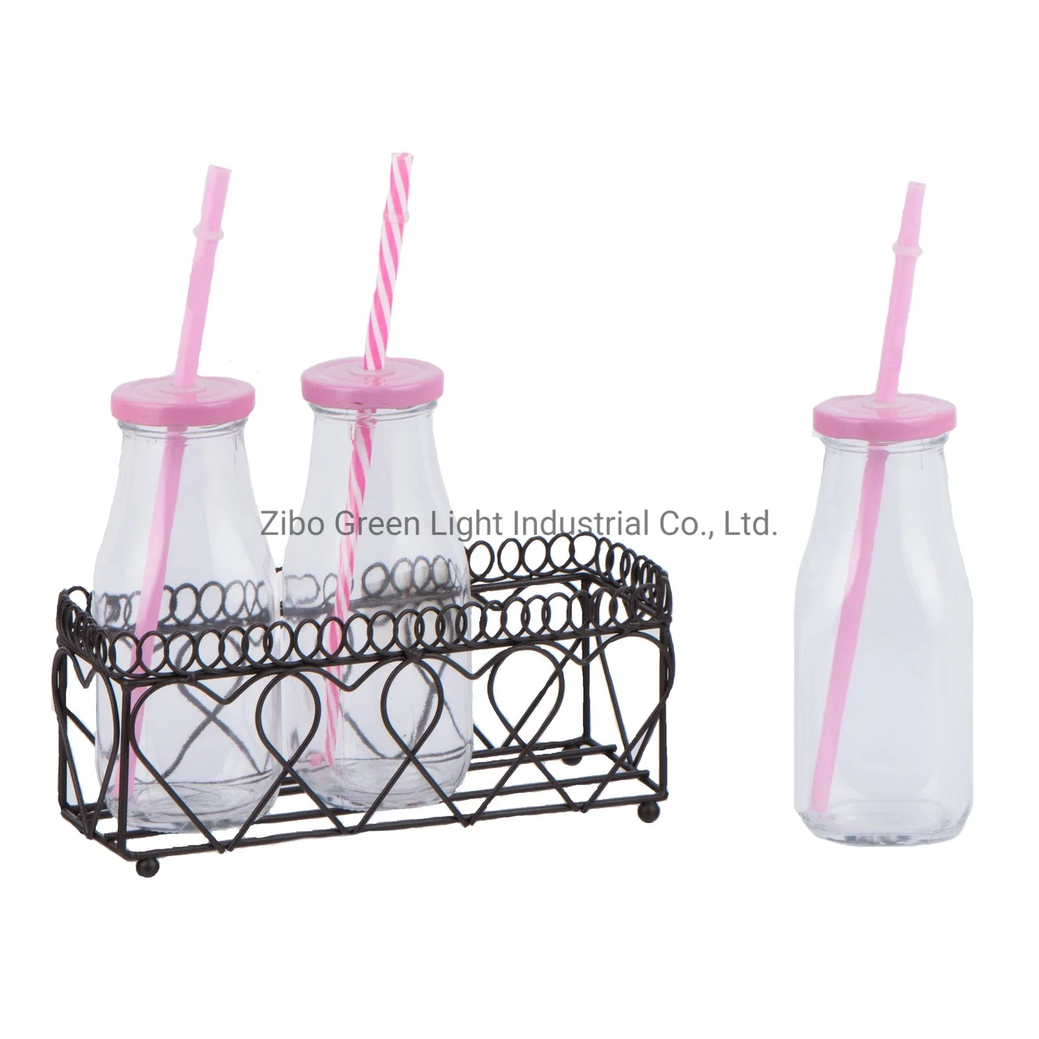 3PCS 300ml Glass Bottle with Metal Rack and Plastic Straw for Juice Soft Drink