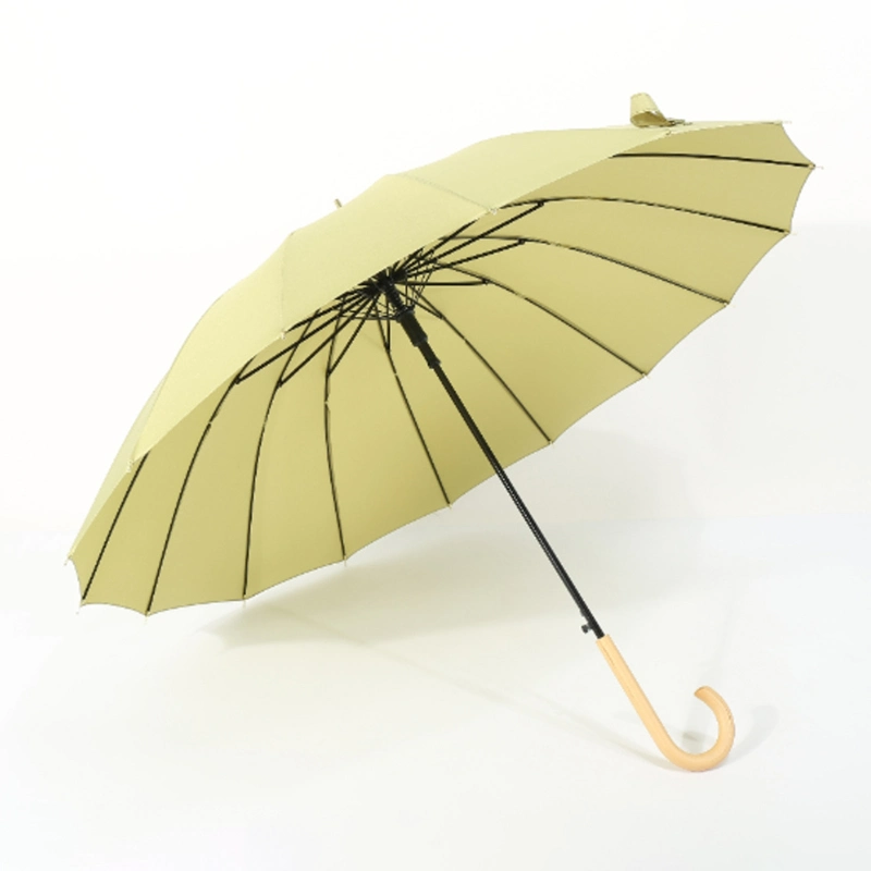 16 Ribs Automatic Open Stick Straight Umbrella with Wooden Curved Handle