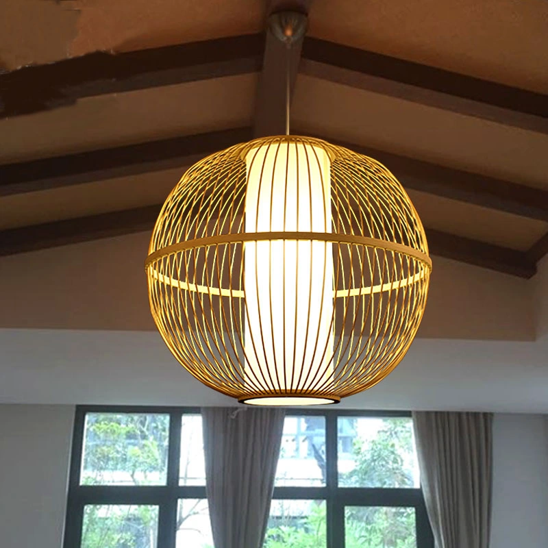 Suspensão de madeira artesanal Creative Round Bamboo Lantern Pendant Light (WH-WP-25)