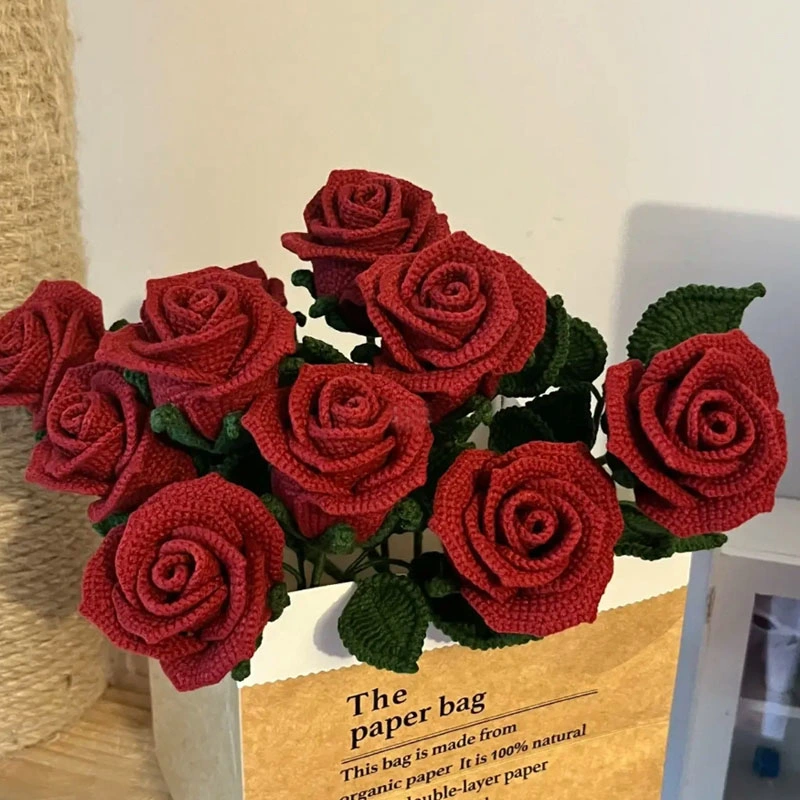 Crochet Artificial Flower Rose Plant Bouquet Valentine's Day Gift Wedding Decoration Handmade Stem Rose Finished Products