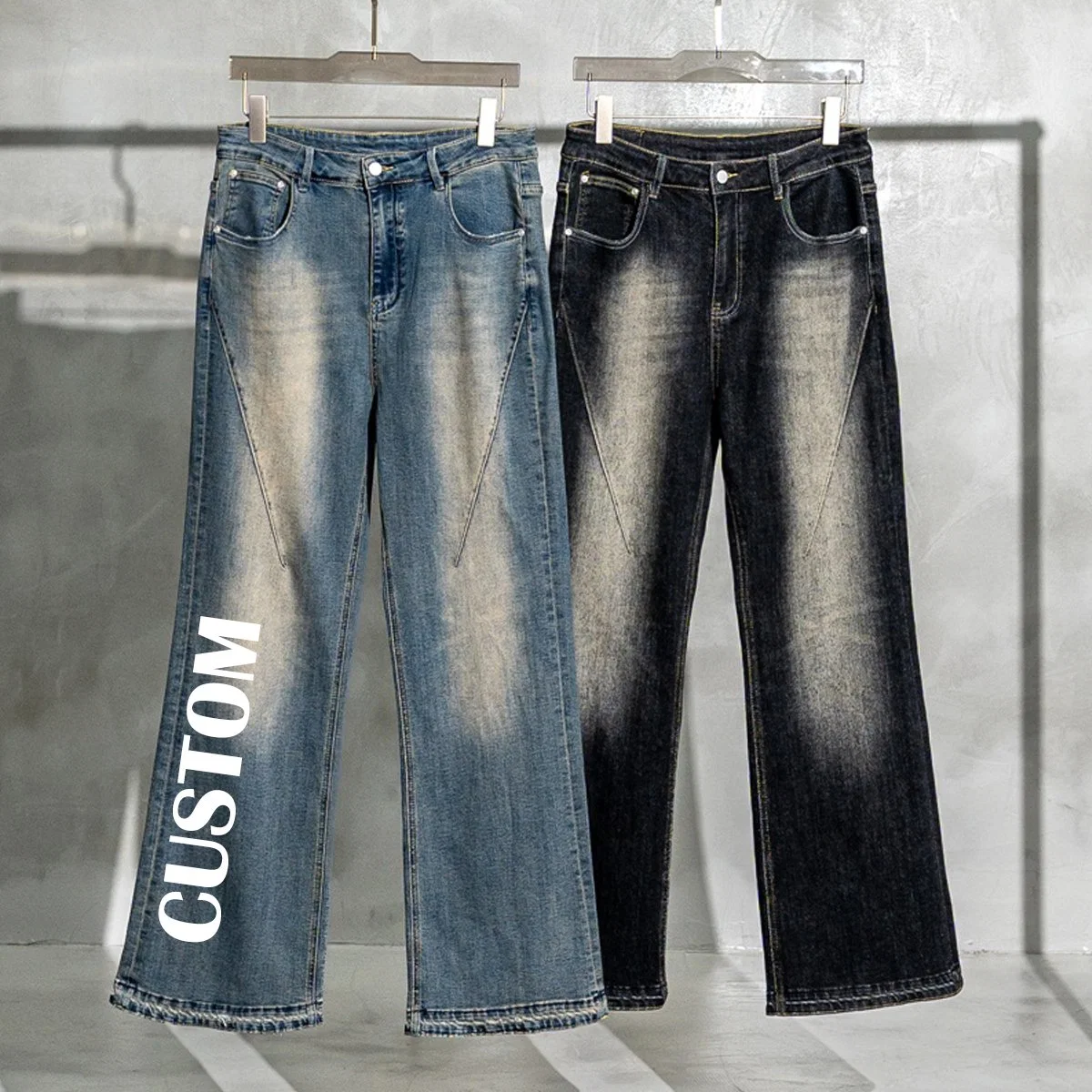 2023 New Fashion Mens Heavy 100% Premium Cotton Soft Basic Vintage Washed Distressed Custom Unisex Flare Jeans Manufacturers