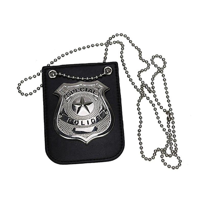Custom Black Metal PU Leather Necklace Pendant Police Security Badge Leather Case