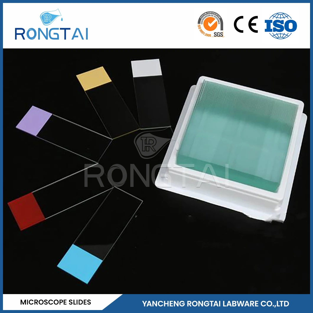 Tapa de Rongtai vidrio microscopio fábrica portaobjetos portaobjetos de microscopio bordes desmolidos China 7101 7102 7105 7107 7109 16mm diapositivas de vidrio redondas