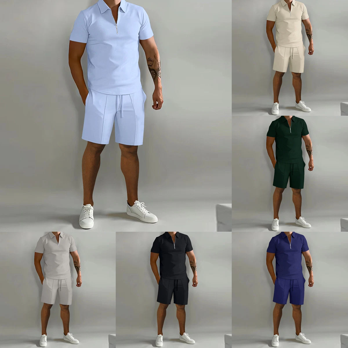 Men's Polo Casual Loose Short Sleeve Shorts Sweatshirt Set Sportswear