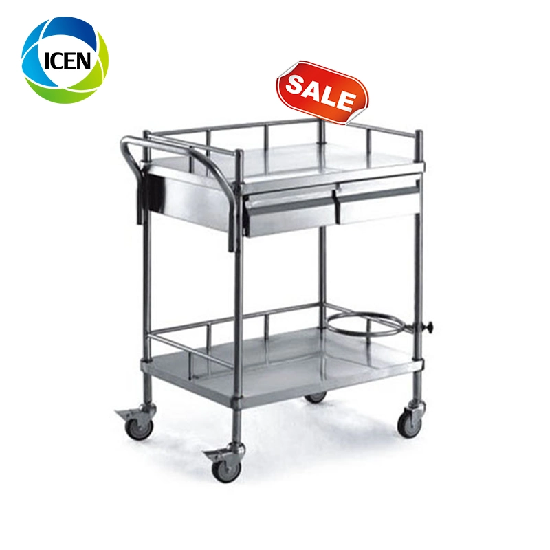 in-677 Stainless Steel Clinical Hospital Dressing Instrument Cart Trolley with 2 Drawer