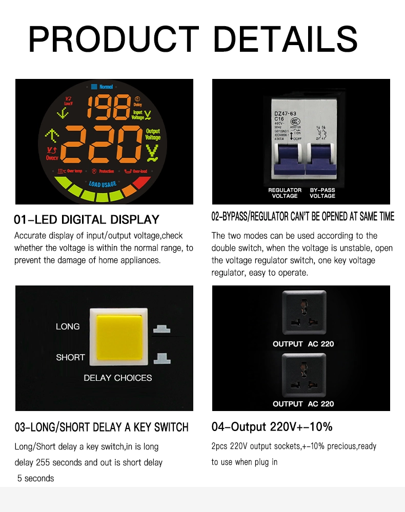 Relay Type or Motor Type AVR Voltage Stabilizer 3 kVA with Over-Voltage, Under-Voltage, Over-Current, Short-Circuit Protection for Home Appliance