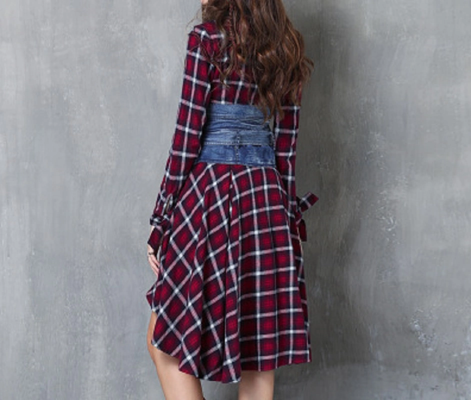 Fashion Woman Dresses Cotton Shirt Dress Long Sleeve Plaid Asymmetrical Turndown Collar Detachable Denim Belt Pullover Dresses Burgundy Esg16125