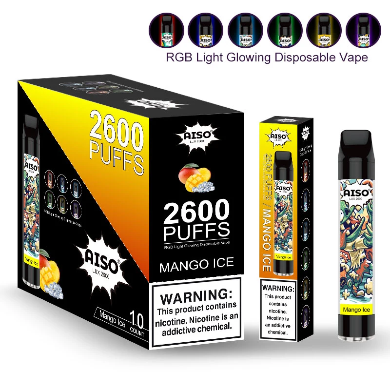 2600 Puffs Flavour Vape E-Liquid Round Drip Tip Rechargeable RGB Flashing