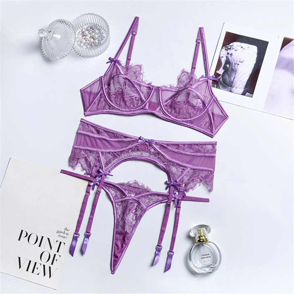 Woman Cosmetic High quality/High cost performance Underwear Set Wholesale/Supplier Lingerie Purple 3PCS Sexy Babydoll Lingerie