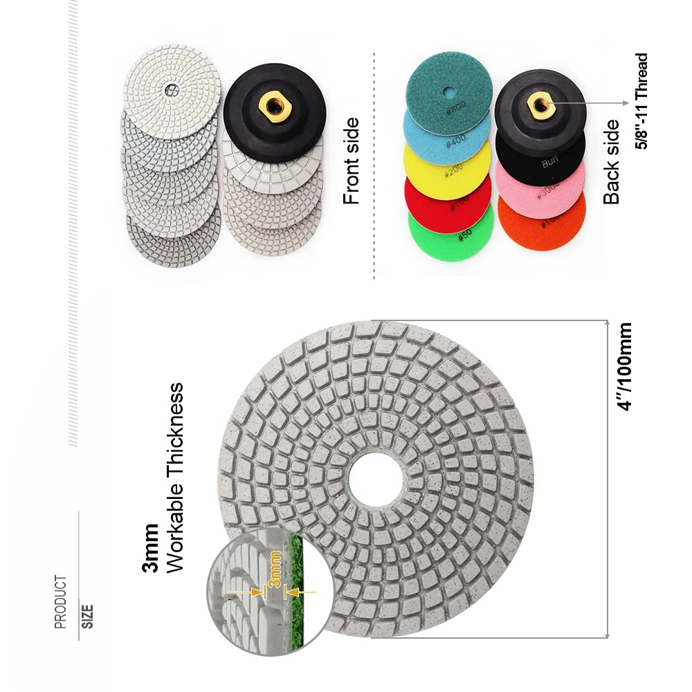 4 Inch Diamond Wet Polishing Pad Set of 7PCS Plus a Rubber Backer for Marble Granite Stone