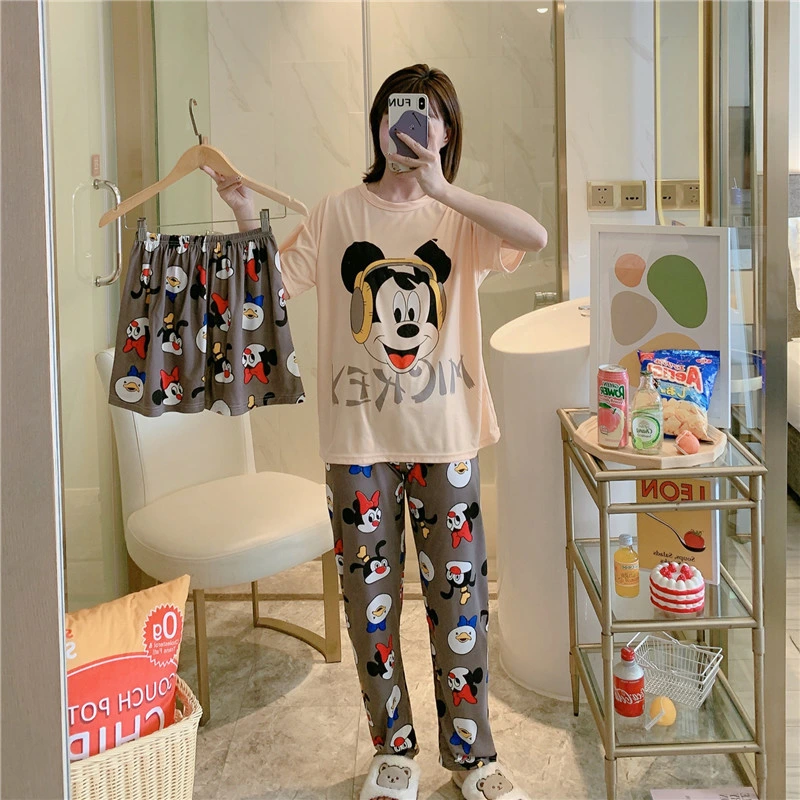 Summer Cartoon Short Sleeve Pyjamas Women Sleepwear Set Casual 3 Pieces Ladies Girls Loungewear