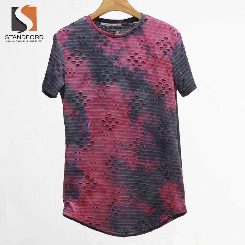 Mens Hipster Hip Hop Ripped Round Hemline Camouflage T Shirt