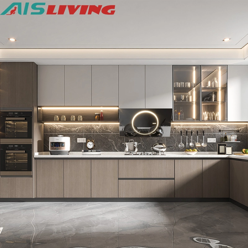 تصميم عصري AIS الفلبين سعر معقول ألومنيوم زجاج Melamine وحدات نمطية خزانة المطبخ الخشبية من الحبوب للبيع