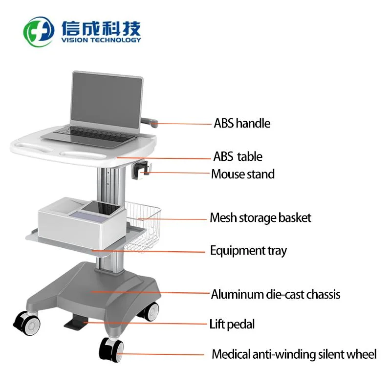 Mobile ABS Plastic Laptop Cart Height Adjustable Computer Trolley for Hospital Use