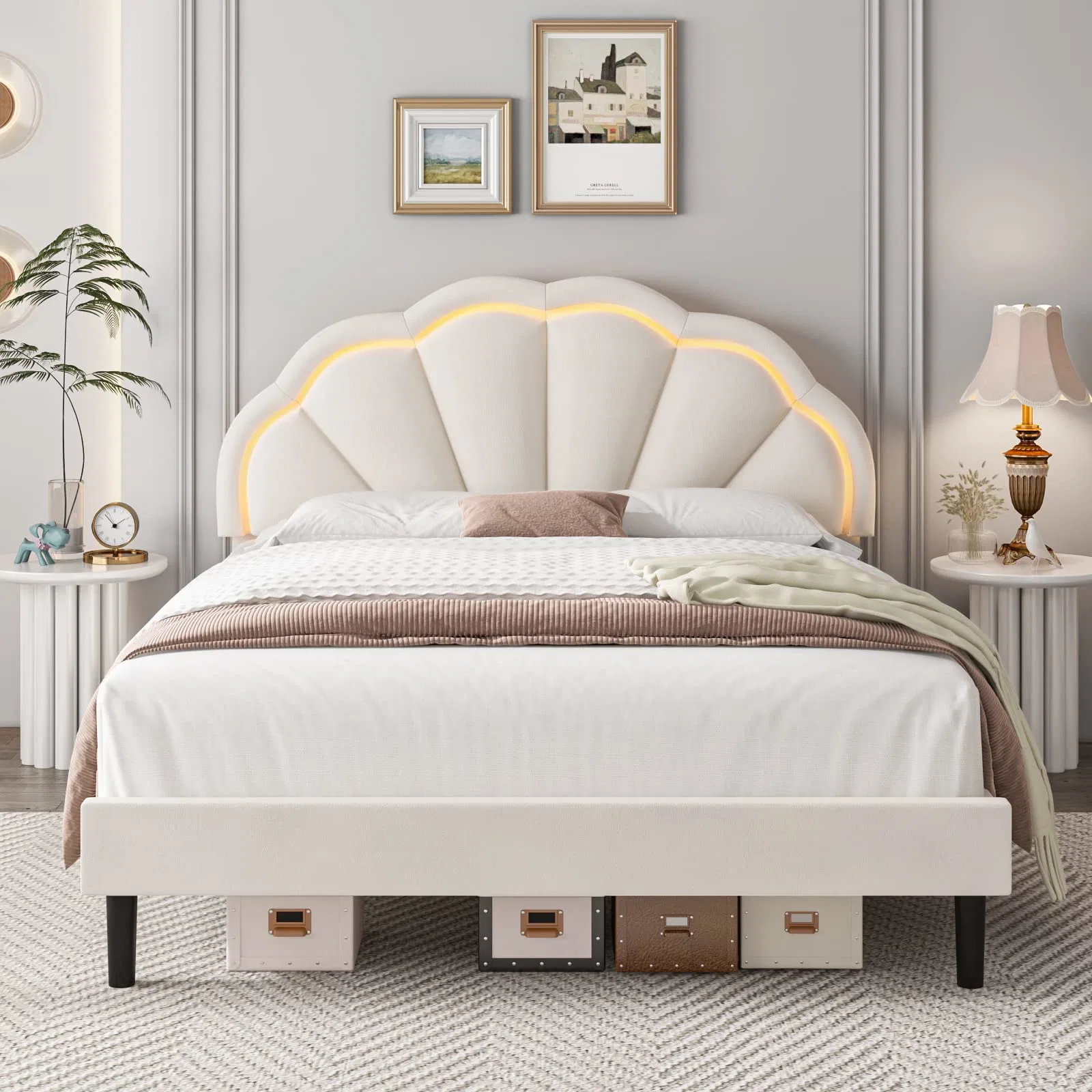 Upholstered Smart LED Bed Frame with Adjustable Elegant Flowers Headboard, Platform Bed Frame Queen Size with Wooden Slats Support White