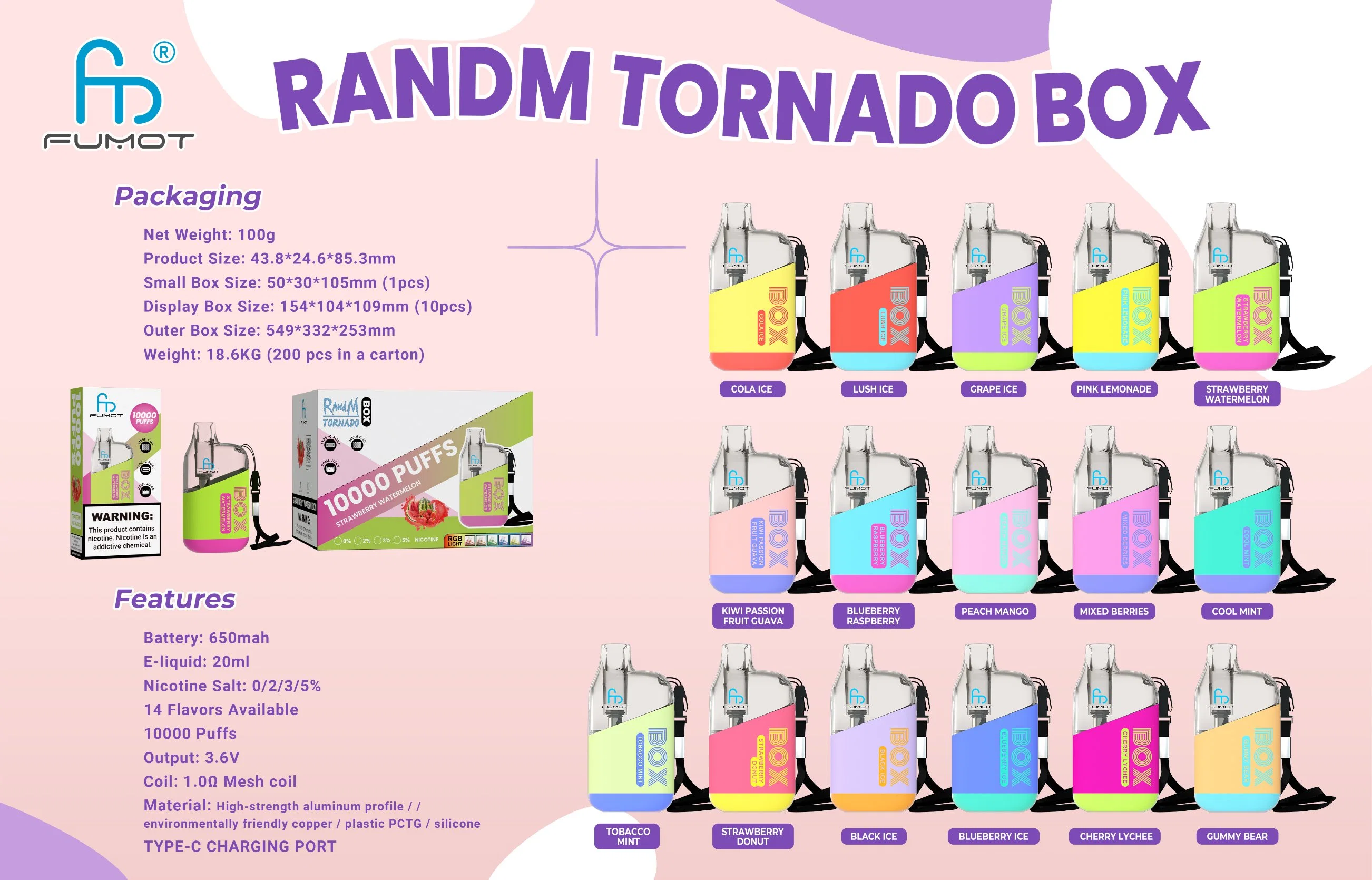 الجملة الأولى القرد القابلة لإعادة الشحن E السجائر القابلة للاستخدام 0/2/3/5% Fumot Randm Tornado Box 10000 Pffs Vape Puff