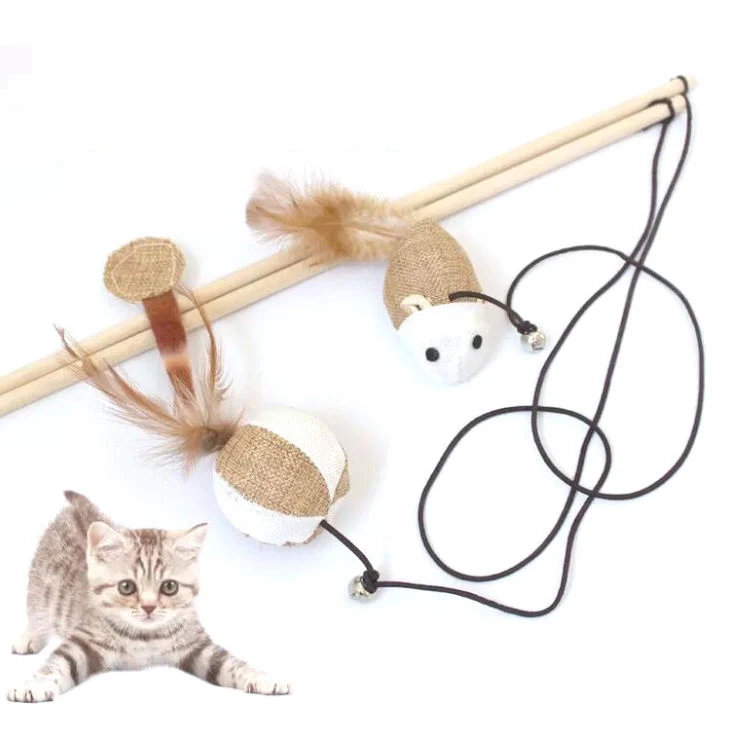 Feather Linen Wand Cat Catcher Teaser Stick Pet Interactive Toys