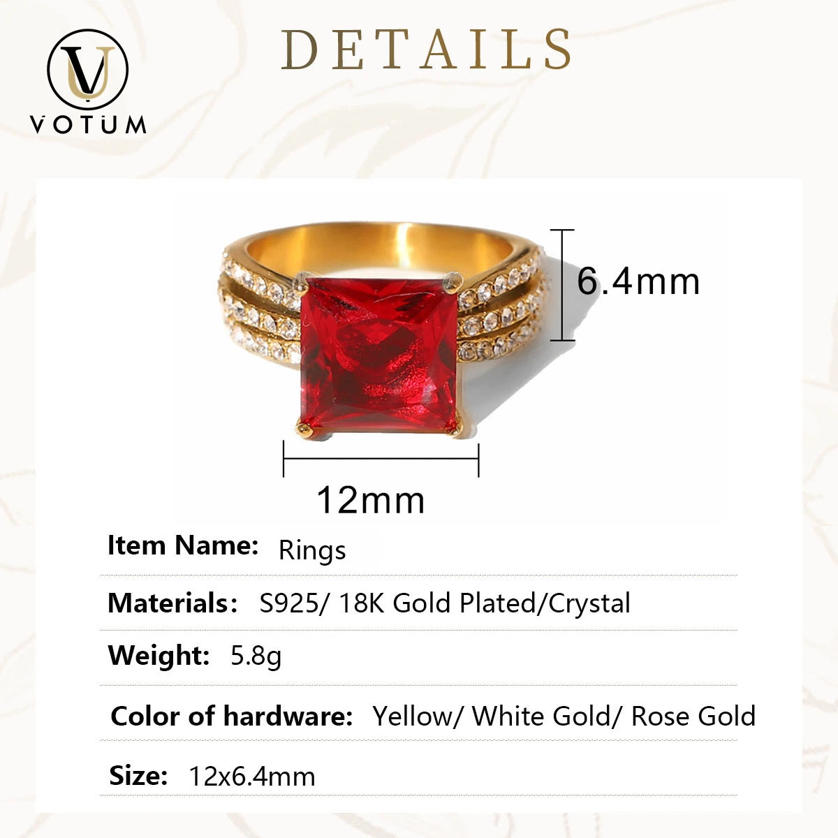 Votum OEM fábrica S925 chapado en oro plata Moissanite Crystal Anillo con joyas de diamantes