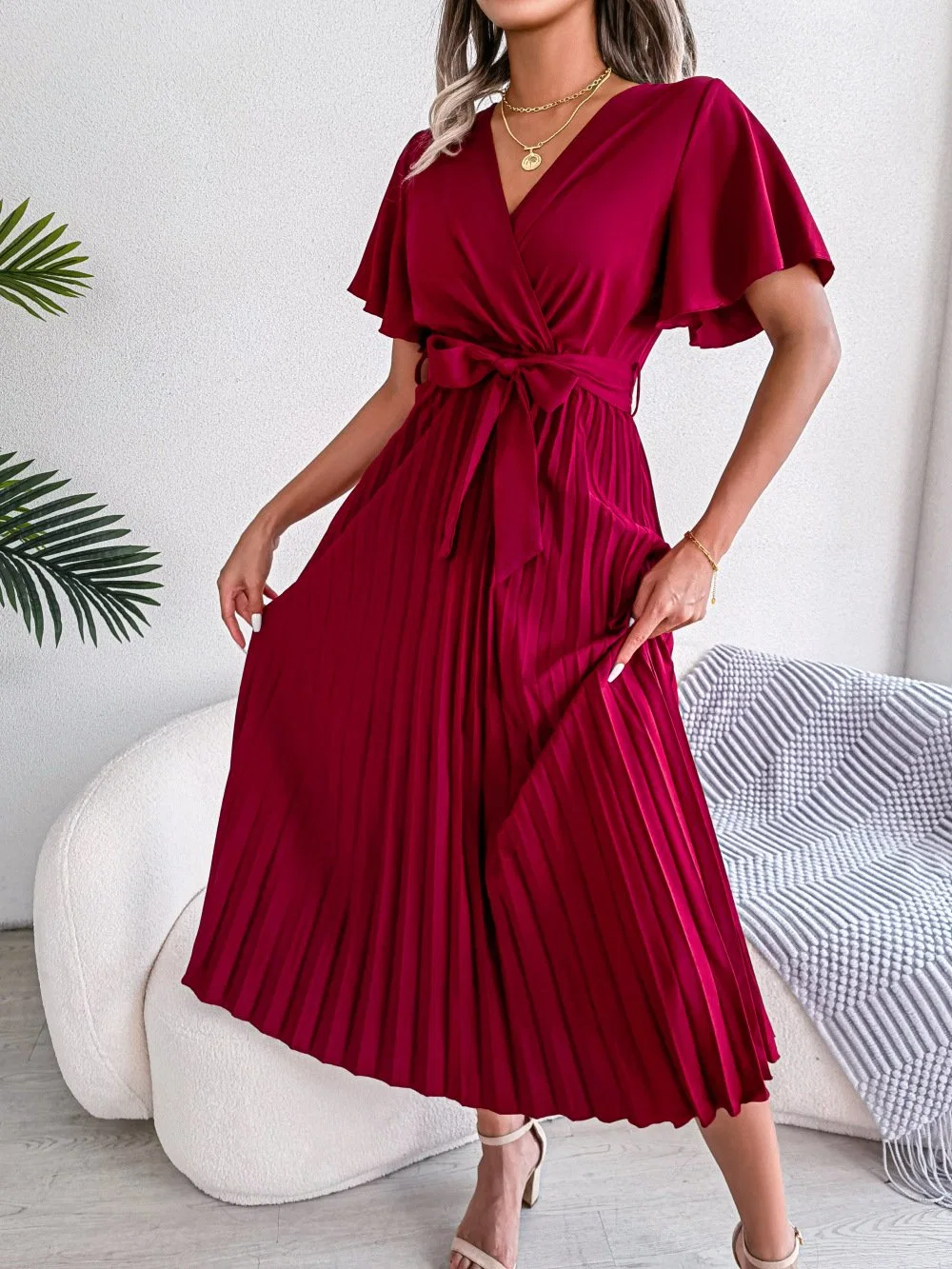 Instagram Hit Real Shot Europe and The United States Spring and Summer Temperament Cross V-Neck Big Swing Pleated Long Skirt Amazon Cross-Border Women's Wear