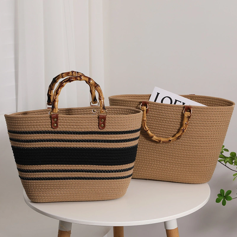 Striped Large Capacity Cotton Yarn Braided Bag New Imitation Bamboo Section French Retro Grass Braided Bag Portable Beach Bag Women&prime; S Bag