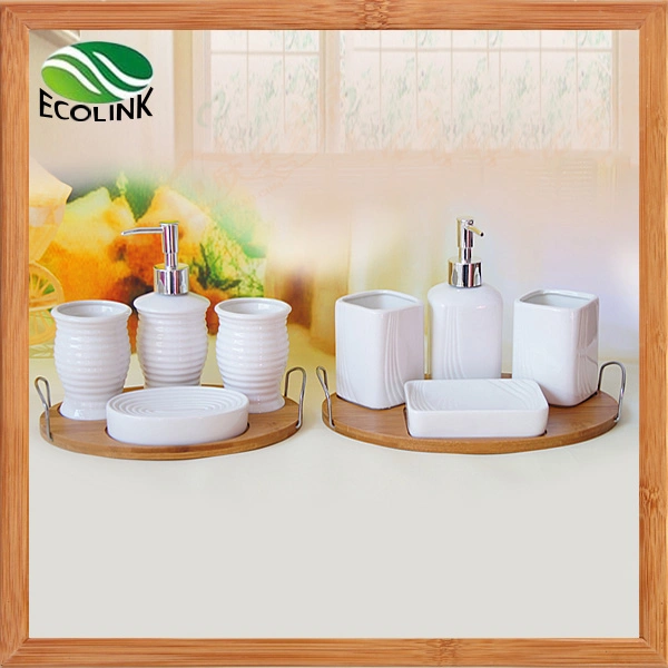 Ceramic 4PCS Bathroom Set with Bamboo Tray
