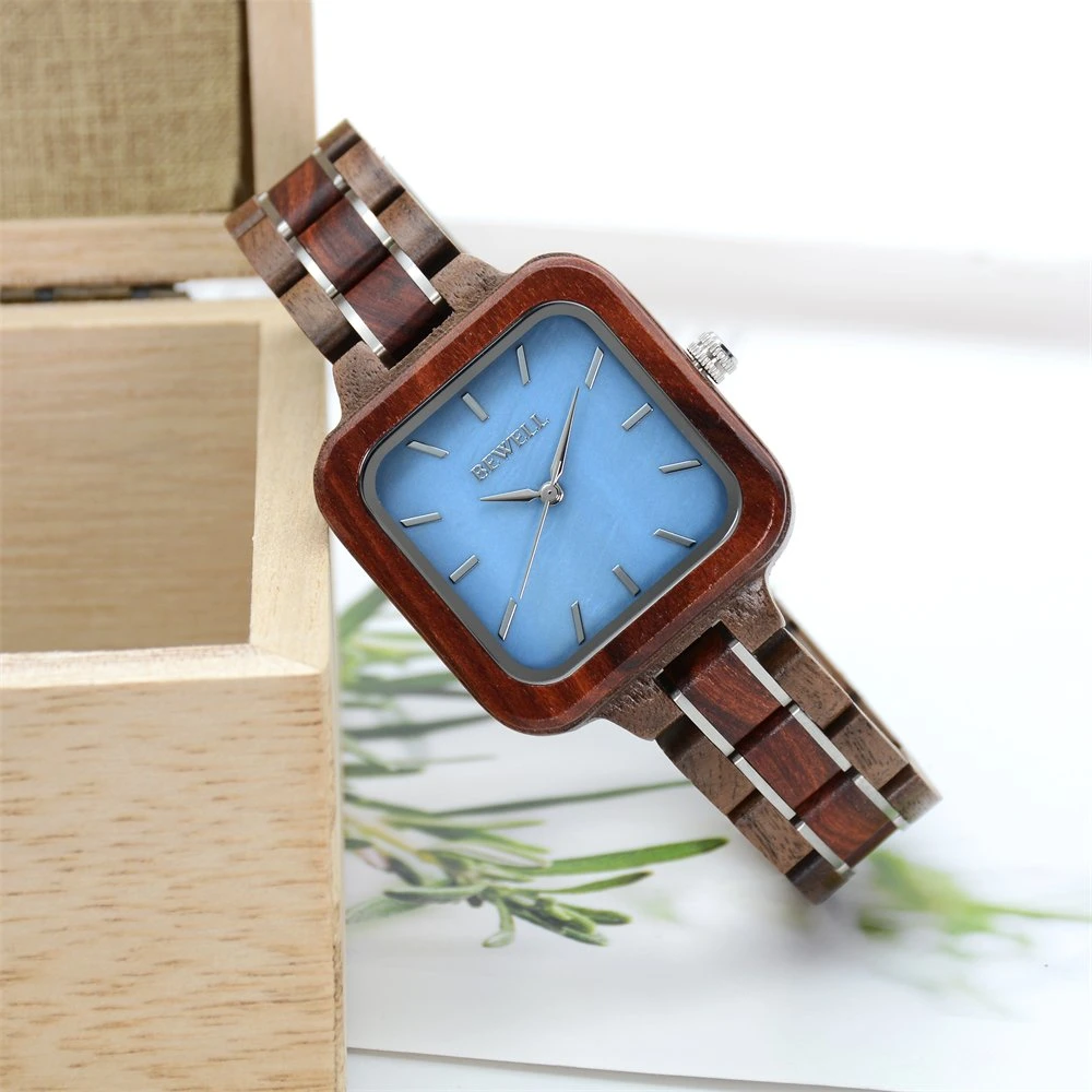 2023 Bewell Square Holz Handgelenkuhren für Frauen Custom Quartz Japan Uhr Gravierte Holz Uhren Frauen Handgelenk Luxus