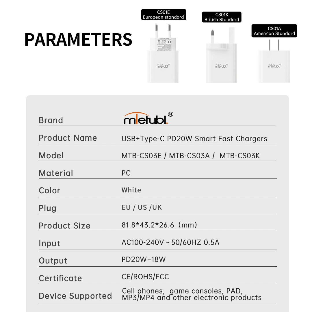 Mietubl Hot Sale Type-C Pd20W +QC3.0 18W USB Wall Charger for Phone