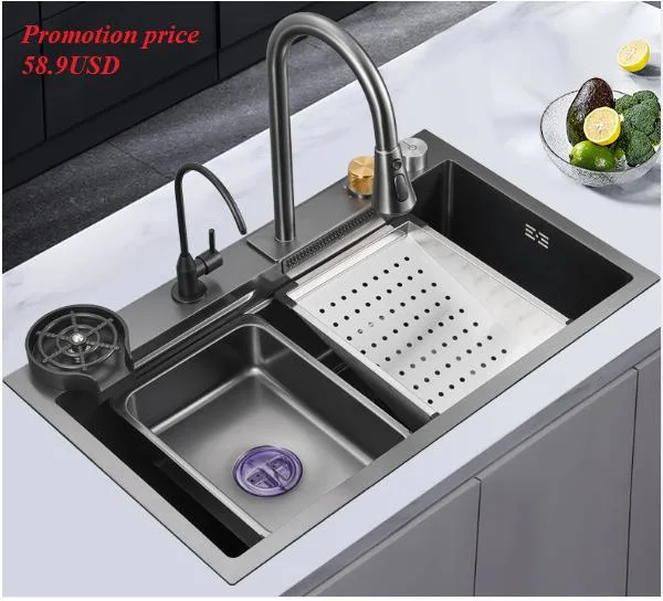 China Wholesale/Supplier Modern SUS304 Stainless Steel Black Farmhouse Hademade Single Bowl Multifunction Waterfall Sink Kitchen