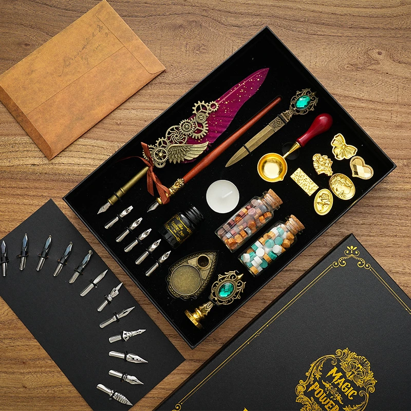Pluma DIP pluma juego de regalo de cera de sello completo con Sobre papelería