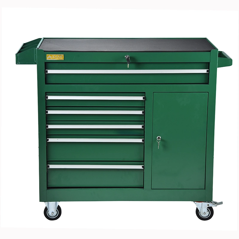 Green Large Capacity 6 Drawers Storage Metal Tool Trolley with Door