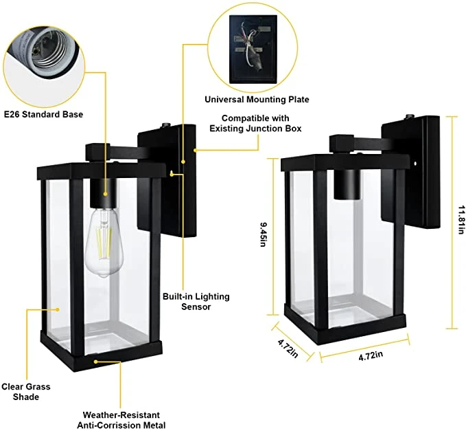 Ao Anoitecer ao Amanhecer levou a parede exterior, Luz Exterior Sensor Luminárias de parede com vidro transparente Sombra, E26, Soquete de alumínio à prova Anti-Rust candeeiro de parede