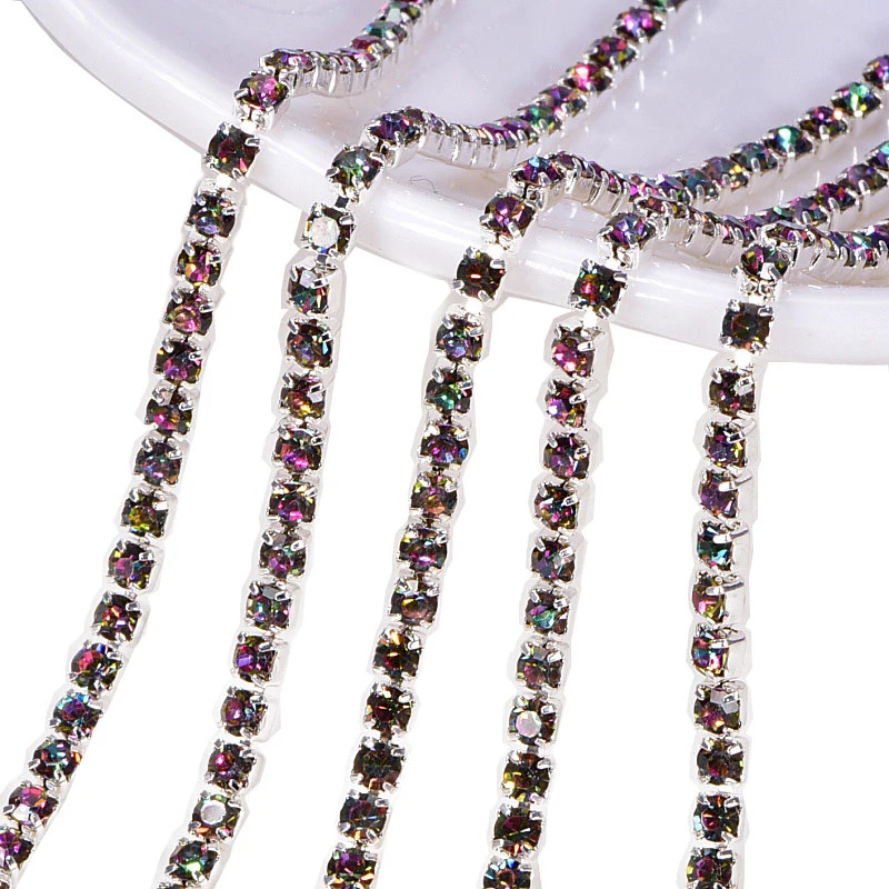 Colorful Rhinestone Chains Ss12 3mm Silver Base Crystal Ab Rhinestone Cup Chain for Wedding Dress