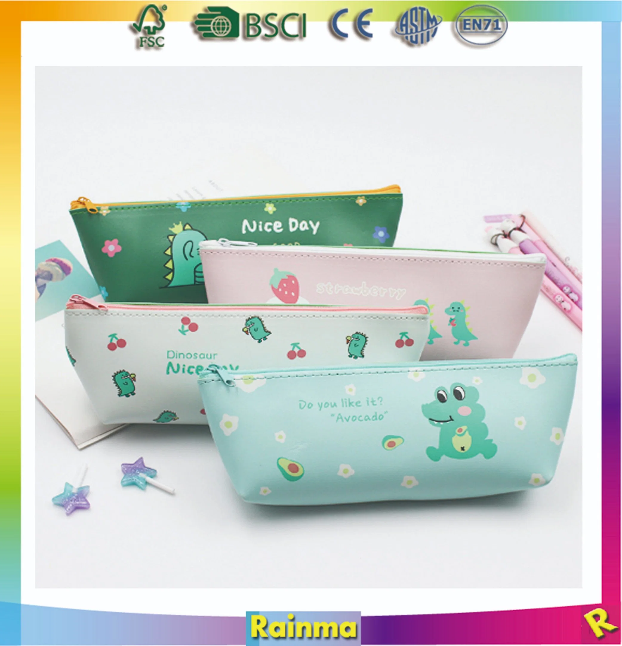 PU Dinosaur Pencil Case Zipper Flat Bag for Student and Promotions Use