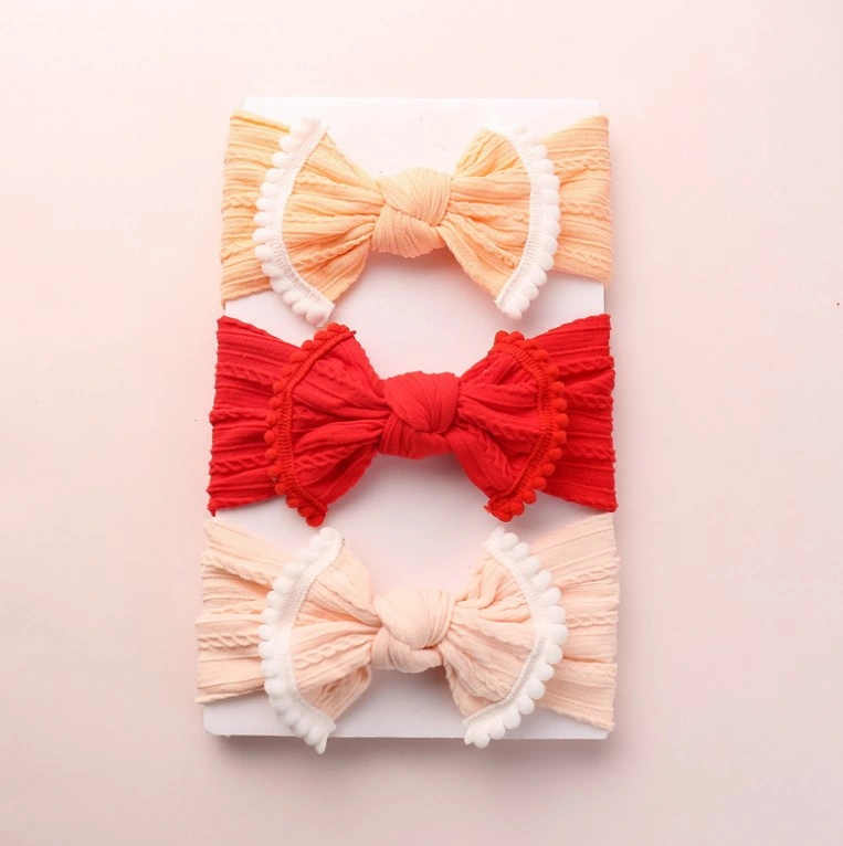 Fashion Wide Jacquard Baby Hairband Bowknot Hairy Ball Side Hairdband Cute Hair Accessories for Girls