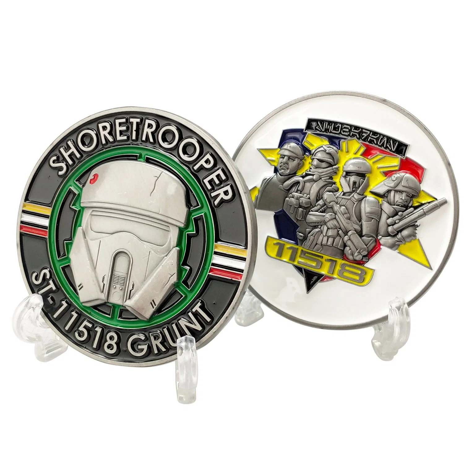 High quality/High cost performance Custom Soft Enamel Shoretrooper St-11518 Grunt 3D Logo Military Challenge Coins Metal Craft Gift for Plastic Box