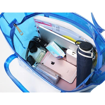 Fashion Wholesale/Supplier Clear PVC Shoulder Tote Bag with Zipper Large Blue Beach Bag Factory Transparent PVC Lady Tote Bag