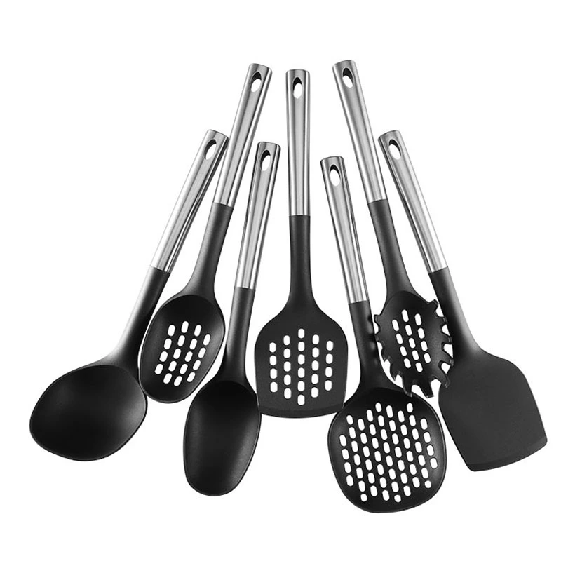 7 piezas Nylon Negro resistente al calor mangos de acero inoxidable Personalizar cocina Set Cookware