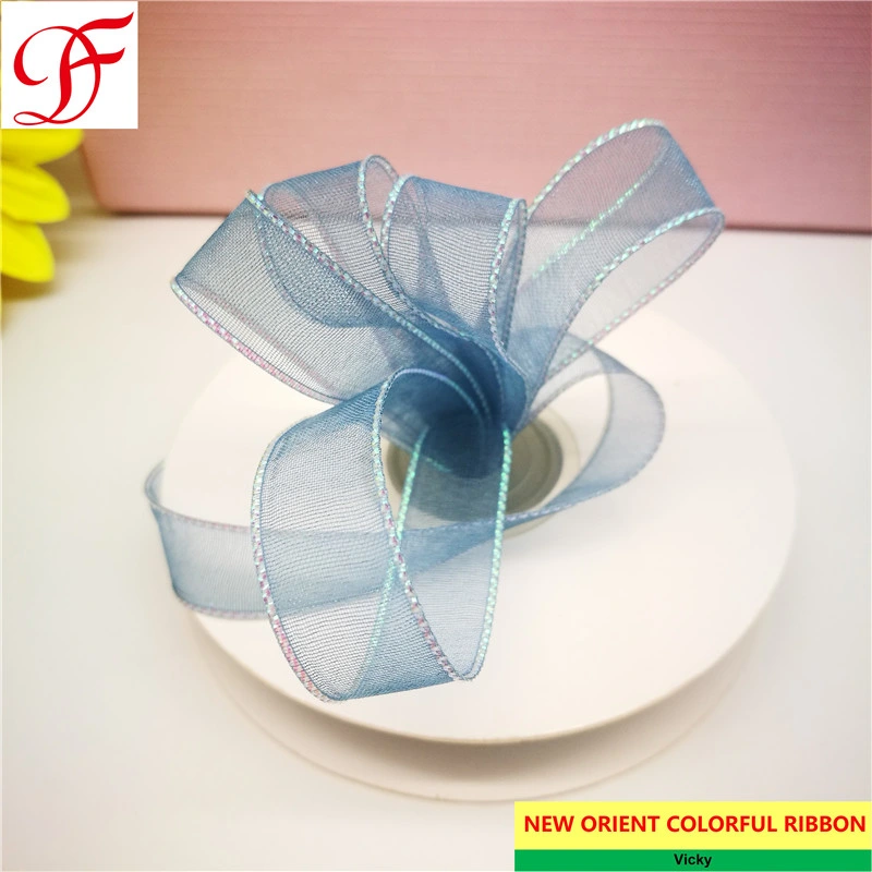 Manufacture Wholesale/Supplier OEM Sheer/Organza Ribbon with Single Color Metallic Edges for Bows/Decoration/Xmas/Wrap/Garments Accessories/Christmas