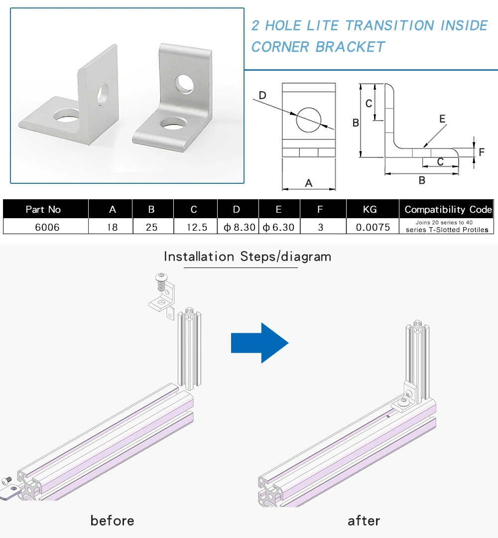 China Manufacturer 6006 Wholesale/Supplier High Precision 2 Hole L Shape Bracket for V Slot Aluminum Profiles Connecting (20 to 40)