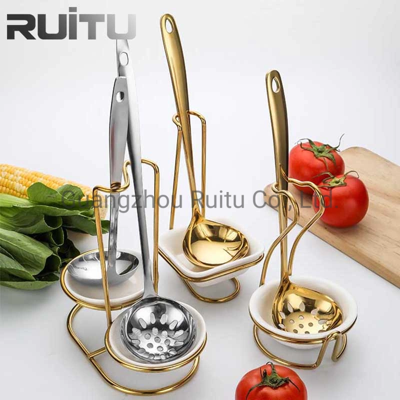 Catering Buffet Banquet Dinner Food Tableware Accessories Tabletop Soup Serving Spoon Set with Ceramic Bowls Stand Gold Stainless Steel Soup Ladle