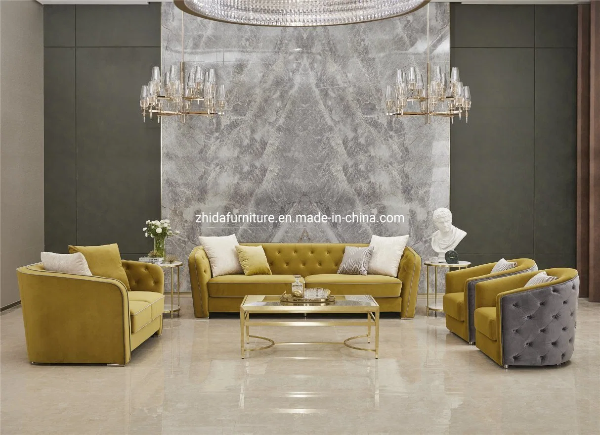 Sala de estar luxuosa Dubai mobiliário de hotel Velvet Chesterfield Sofá