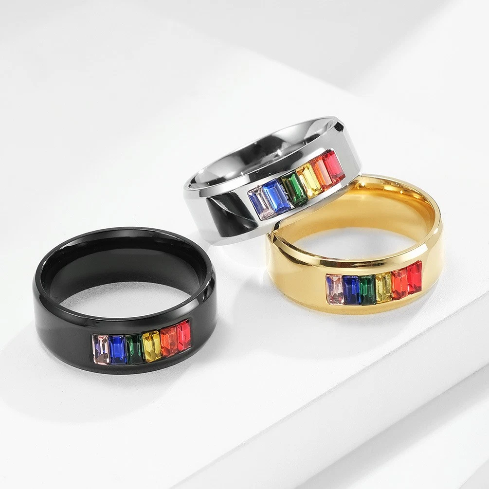 Bisutería anillo de acero de titanio Gay Lala piedras del arco iris La bandera Gay pareja Anillo de la fábrica de joyas RSS de las ventas2073