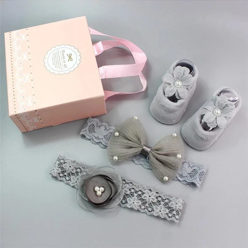 Girl Baby Headband and Socks Set with Box Baby Socks with Headband for Newborn Gift